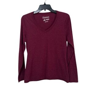 Hanes Live Love Color Maroon Heathered V-Neck Long Sleeve Tee